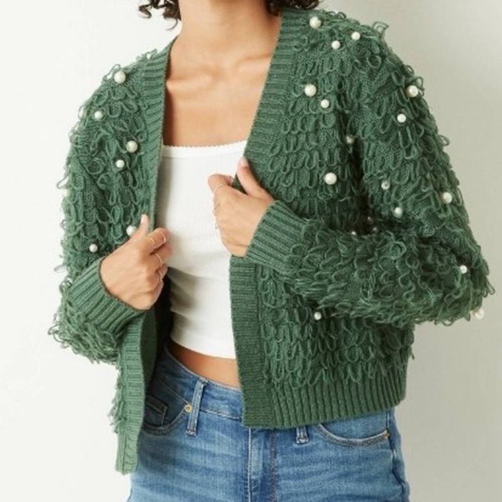 Mighty Fine Womens Loopy Green Pearl Knit Short Cardigan Sweater 2X